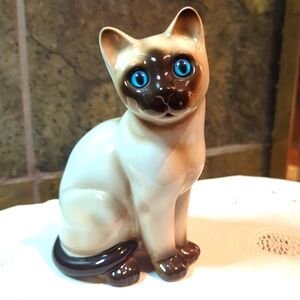 Vintage Blue-eyed Siamese Ceramic Cat Figurine